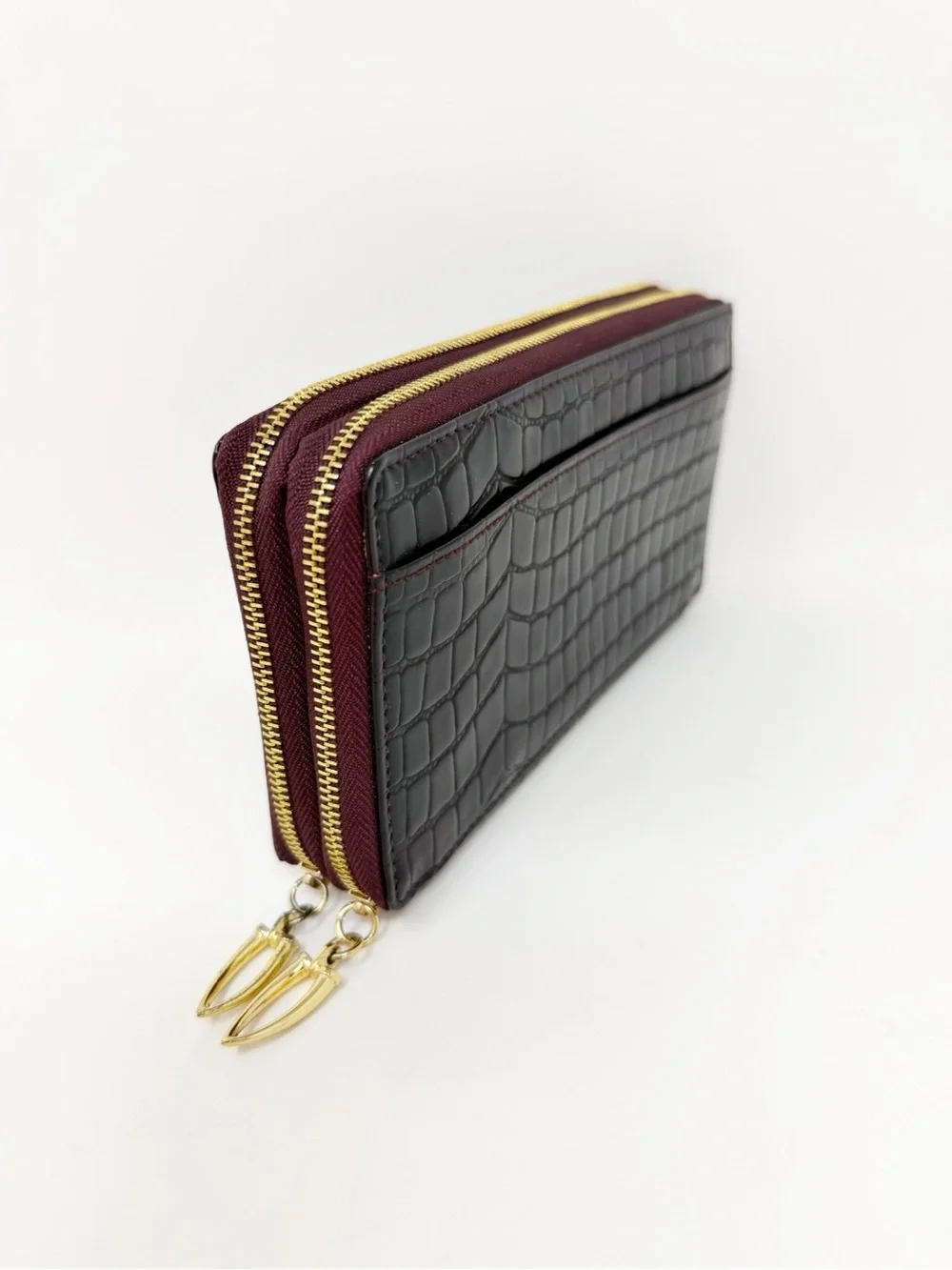 Tusk Croc Embossed Leather Double Zip Around Continental Wallet Burgundy